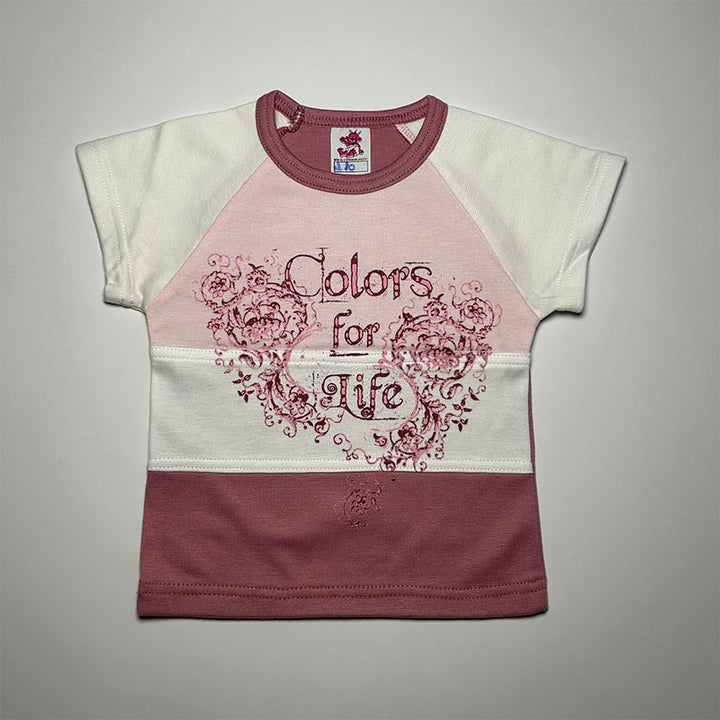 Rövid ujjú pamut póló - Colors for life - Rózsaszín-fehér-mályva